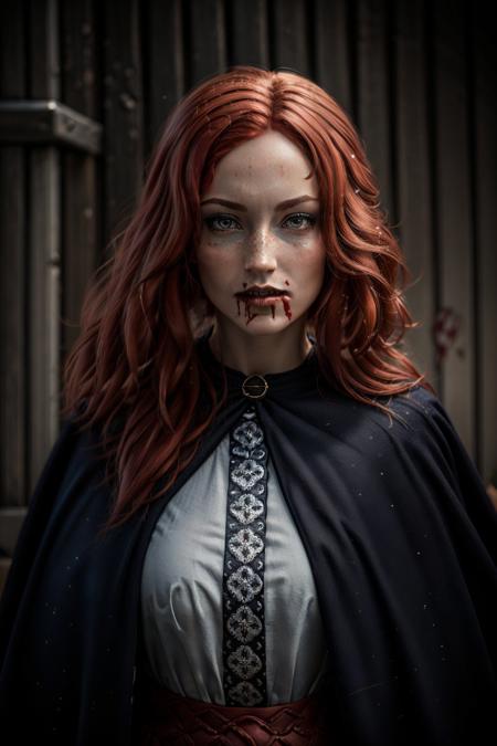 (masterpiece, best quality:1.2), <lora:orianna-18:0.7>, oriannaW3_soul3142, 1girl, solo, long hair, looking at viewer, brown eyes, upper body, red hair, cape, lips, blood, freckles, realistic, blood from mouth