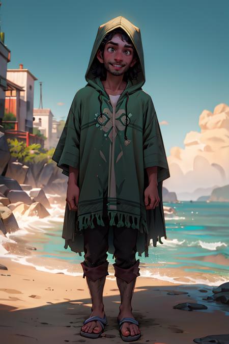 BrunoMadrigal,  1guy,  hooded,  hidden face,  at the beach,  green poncho,  smiling,  shirt,  pants,  flipflops,  masterpiece,  highres,  sharp focus,  cinematic lighting,  detailed face,  detailed eyes, <lora:EMS-42111-EMS:1.000000>