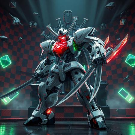 "A futuristic Superheavy Samurai Magnet robot in a dynamic battle stance, white-and-gray armored body with glossy metallic textures, dual katanas (large on right arm, smaller on left), and a crimson visor glowing with energy. Against a Nightmare Throne backdrop of red-black checkered patterns and floating geometric debris, evoking a surreal cyberpunk arena. Stylized with sharp mecha design, Octane Render gloss, and Unreal Engine 5 realism. Hyper-detailed surfaces: scratched armor, neon circuit lines, and plasma energy radiating from blades. Cinematic lighting—dramatic shadows and volumetric beams—accentuates the samurai’s poised stance and the throne’s ominous depth. Color palette: monochrome steel with red accents, juxtaposed against acidic green glows in the background. Influenced by Ghost in the Shell mecha aesthetics and Katsuhiro Otomo’s industrial art. Trending on ArtStation, 8K HDR, golden ratio framing, Dutch angle composition. Matte painting layers blend 3D CGI and traditional ink splatter effects for raw intensity.