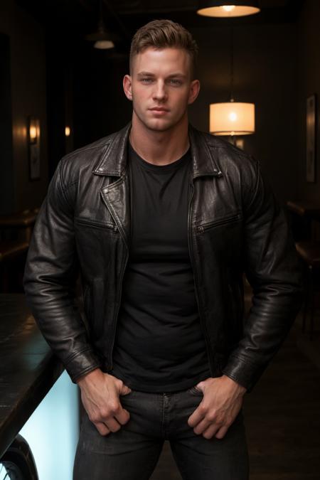 photo of sc_joey <lora:sc_joey_daddy-08:0.75> posing in a high-end biker bar wearing a fitted dark (shirt), stylish leather jacket, cool mysterious edgy mood, low ambient lighting, (tattoos:0.4)