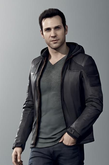 (RAW photo), concept art, <lora:gavreedtest:0.6>, gavinreed, male focus, gray background, jacket, jeans