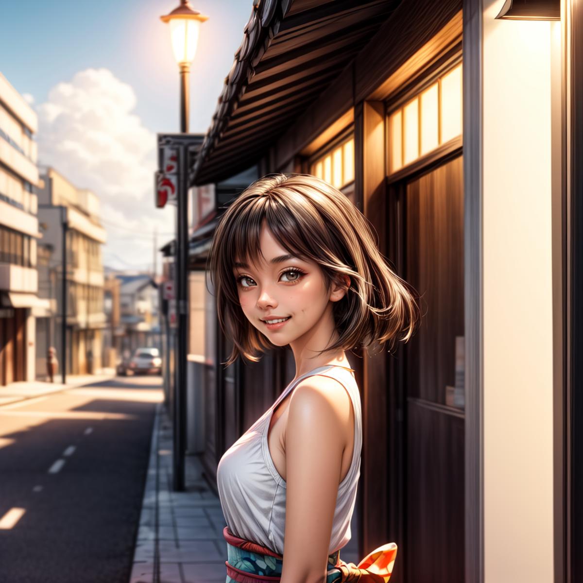 Anime-style illustration of a girl smiling with a flower in her hair, wearing a white dress, and standing on a city street.
