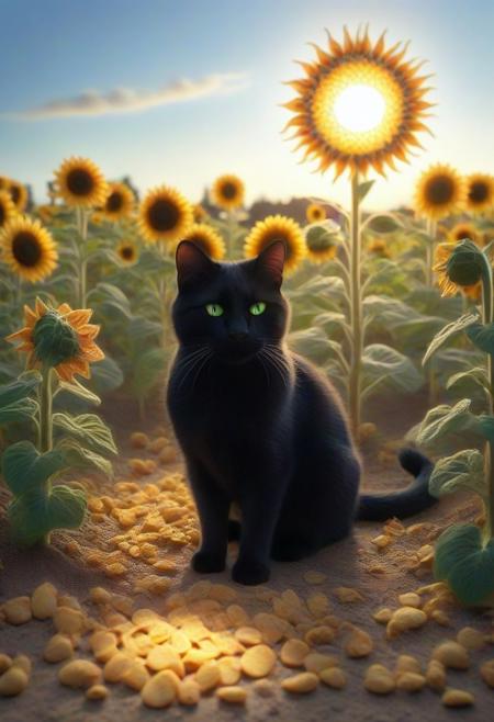 Anime art, dim light, low key, chiaroscuro. A sleek black cat, its fur a mosaic of dark, seasoned potato chips, prowls through a field of sunflowers at sunset. The blooms, crafted from golden, crispy chips, sway gently. The cat’s chip-textured body gleams in the fading light, its luminous green eyes reflecting the fiery sky. Each step is deliberate, weaving between chip-formed stalks with feline grace, half-shadow, half-light.
Sharp beams of gold slice through the dense chip stems, illuminating patches of soil and petals, while shadowy alcoves cradle the field’s mysteries. The cat’s sinuous, chip-layered form stands out against the muted yellow petals, creating a harmony of softness and sharp twilight shadows. It pauses, chip-formed ears flicking toward a distant rustle as the sky bleeds from gold to indigo. Its whiskers, delicate shards of light-colored chips, catch the faint glow, shimmering like silver threads. Amid the towering chip sunflowers, the cat embodies grace and mystery—a fleeting presence in a timeless field, where light and shadow dance endlessly.
