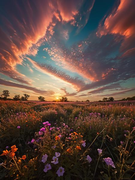 Fractalvines, A field of wildflowers, their petals delicately interwoven with fractalvines, blooming in vibrant hues beneath a sky painted with fractal clouds. <lora:Fractal_Vines:1>  <lora:EnvyBetterHiresFixXL01:0:hr=1>