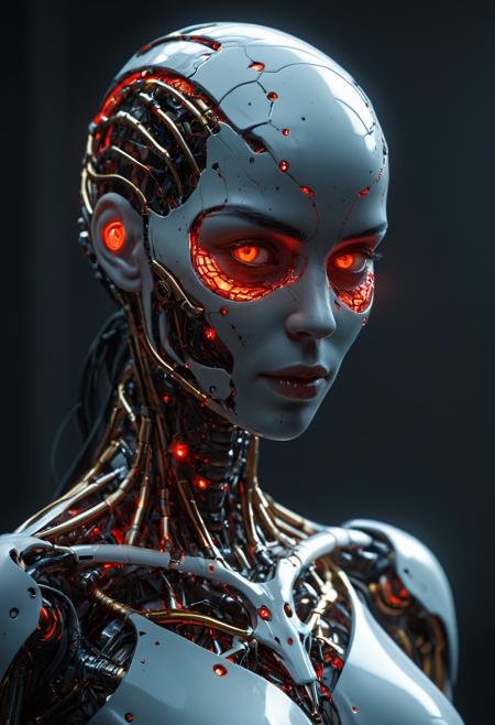 Beautiful female cyborg, part machine and part human, glowing red eyes, cinematic photography, golden cobweb, majestic, awesome, inspiring, closeup, smooth, atmospheric haze, cinamatic composition, soft shadows, national geographic style, neon glow, extremely detailed