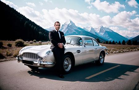 monochrome, award winning (portrait photo:1.4) of a handsome man, sirsean, dressed in a white suit, standing beside a silver Aston Martin DB5 car, Swiss Alps (shallow depth of field:1.3), by lee jeffries nikon d850 film stock photograph 4 kodak portra 400 camera f1.6 lens rich colors hyper realistic lifelike texture dramatic lighting unreal engine trending on artstation cinestill 800 (vignette:1.3), filmgrain, <lora:sirsean:1>