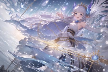 masterpiece,best quality,detailed, <lora:lily-Counterfeit-V3.0:1>, solo, 1girl, field of deapth, lily_\(granblue_fantasy\), granblue fantasy, elf, shilver hair, very long hair, hair ornament, blue eyes, small breasts, collarbone, streched arms, white dress, smile, looking at viewer, winter, holding staff, dynamic perspective,