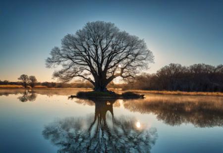 (peaceful lone tree silhouetted against clear blue sky, reflected in still pond, symmetry, flock of birds flying overhead, diving reflections, whimsical), high quality, ultra detailed, HDR, (reflection photography, symmetrical composition), polaroid, long exposure, (vivid colors), 4k, (dramatic lighting, crisp, clear, perfectly calm water)