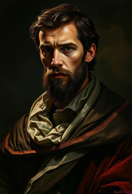 A striking, cinematic portrait of a Renaissance nobleman, painted with meticulous detail, but with bold, graphic shadows breaking up the composition.dramatic high-contrast chiaroscuro realism infused with Renaissance precision, bold graphic novel-style lighting blending with classically proportioned figures, rich textures and sculptural forms emerging from deep noir shadows, structured compositions with detailed drapery and atmospheric tension