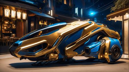 blue and gold science fiction hovering military hover bike parked by a cafe, science fiction, cinematic lighting, night time, volumetric light, imax, dslr, highly detailed, volumetric fog, dystopian vibes, dutch angle, cinematic angle