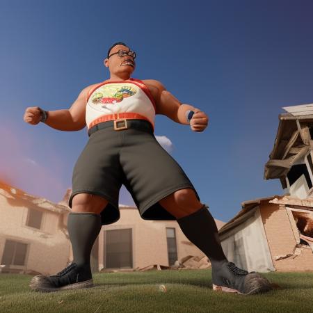 guttonerd2, a big man, 80 meters tall, destroying houses with his giant feet, in his hands he is holding tiny people, everything around him is small, 8k, realistic, cinematic