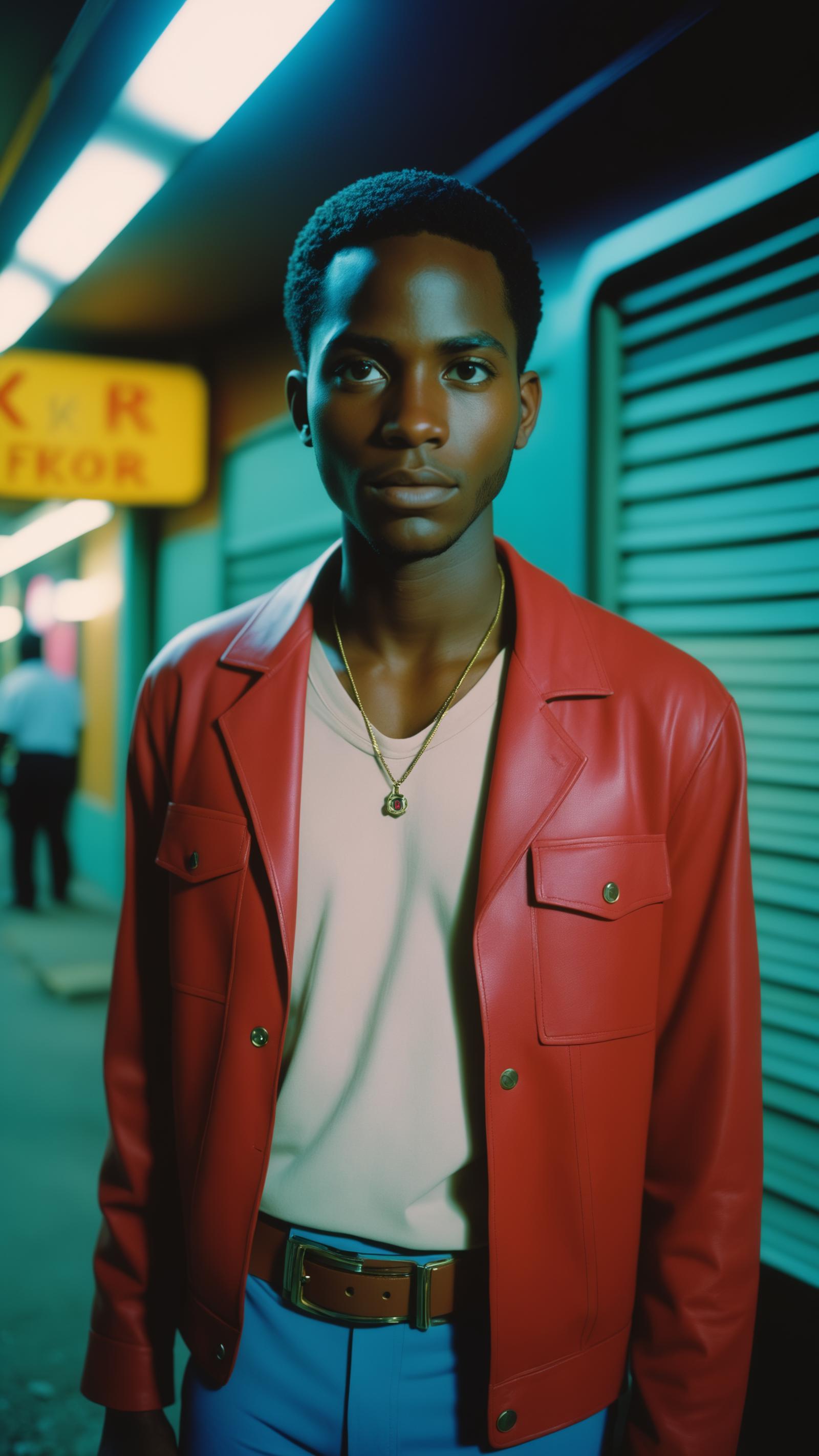 A young man wearing a red jacket and a gold chain.