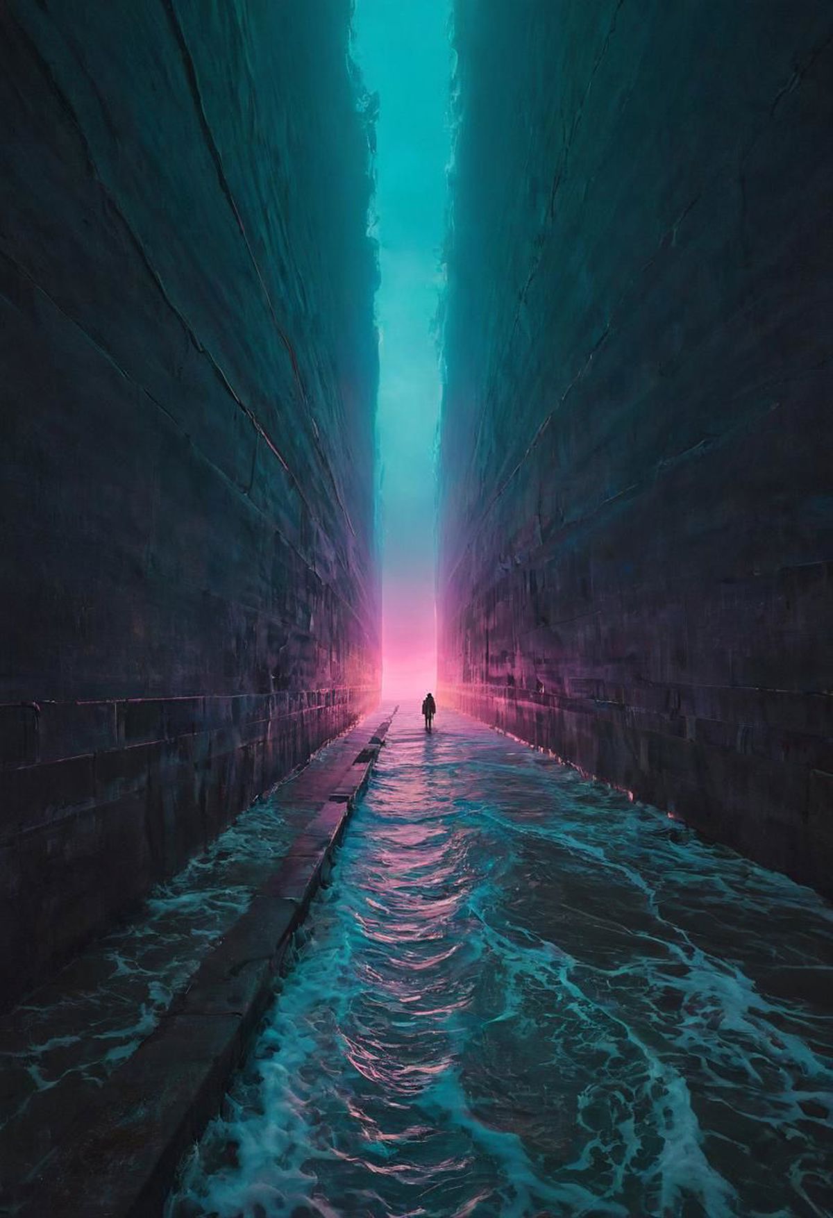 A person walking alone in a dark blue canal with a pink sky in the background, surrounded by brick walls on both sides.