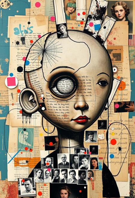 Outsider art. A surreal and deconstructed mixed-media collage in the style of Jacques Prévert with an urgent sense of chaos and energy. An analogue collage artwork blending fragmented styles, layers and textures. 
A Jean-Michel Basquiat illustration of a broken Victorian pot doll's head with a missing eye.
Layered over this obscuring the image are multiple fragmented and overlapping layers of chaotic thick paint, splatters of paint, palette knife oil paint, handwritten scrawled text messages, torn photographs and broken distorted vintage photographs filling the canvas. 
Layers sections of repetitive brightly coloured dots in Yayoi Kusama style. Fragmented scribbles and abstract graffiti images in Jean-Michel Basquiat style over the top. This hides sections of the image below. Outlines are roughly redrawn in black ink and thick oil paint. The overall effect is manic and anarchic with an urgent sense of energy.
