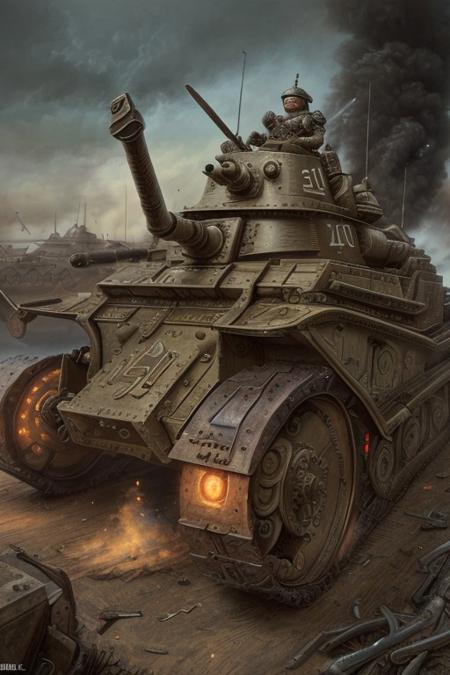 (masterpiece), (best quality), (realistic),[:(intricate details), =(finely detailed),(high_resolution),:0.2], <lora:dieselpunkai_v10:0.55:ALL> dieselpunkai, machine, ww1, diesel and fumes, (tank, panzer)