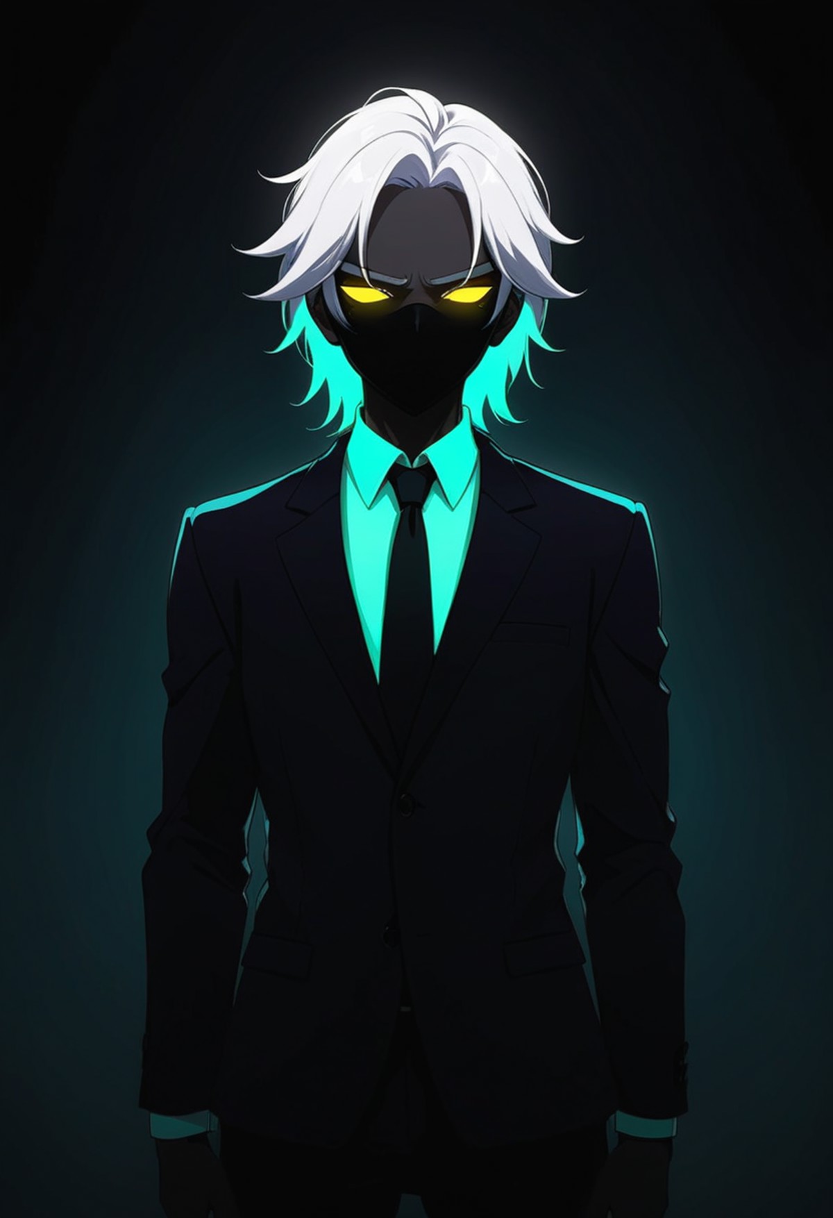 a white hair guy, eyes covered, wearing suit with a neon glowing hairs in the anime style of neon silhouette contrast, dar...