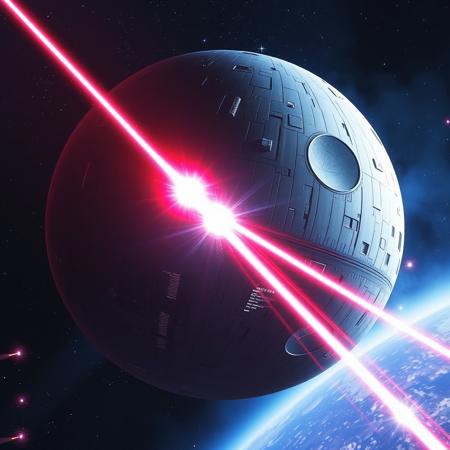 death star from star wars, high detailed, in the space, shooting with a laser, plasma explosion