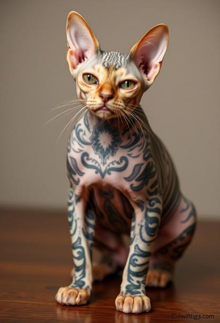 Bald cat, hairless cat, with tattoes, tattoes on body, complety bald, fat, covered with tattoes, thick body, funny look, thounge out, small legs, ugly and funny look