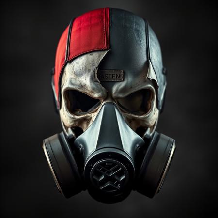 Superhero mask, half the mask ripped off, skull underneath, gas mask, cinematic