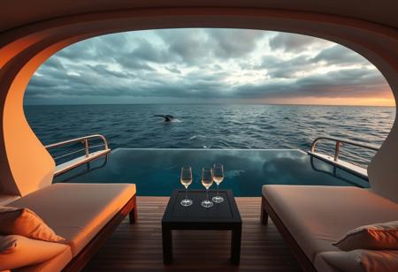 Ultra-wide angle from a luxury yacht's second-story canopy lounge: Plush cream loungers, polished teak flooring, and a minimalist infinity-edge pool (reflecting moody skies) frame the foreground. Beyond: Vast, deep-ocean expanse under a brooding twilight sky. Ocean details: Raw, glassy swells revealing layers of sapphire, teal, and abyssal indigo. A distant whale tail breaks the surface near the horizon, emphasizing scale. Atmosphere: Serene isolation, mist softening the horizon, warm golden hour light glinting off champagne flutes on a low table vs. cool oceanic blues. Style: Cinematic realism with shallow depth of field (lounger edge sharp, horizon softly blurred). Moody palette: Navy, charcoal, gold accents, emerald water depths. Textures: Crushed velvet cushions, rippled water, brushed steel yacht rails. Evoke: Peaceful solitude, profound ocean depth, and quiet luxury. No people, no land.