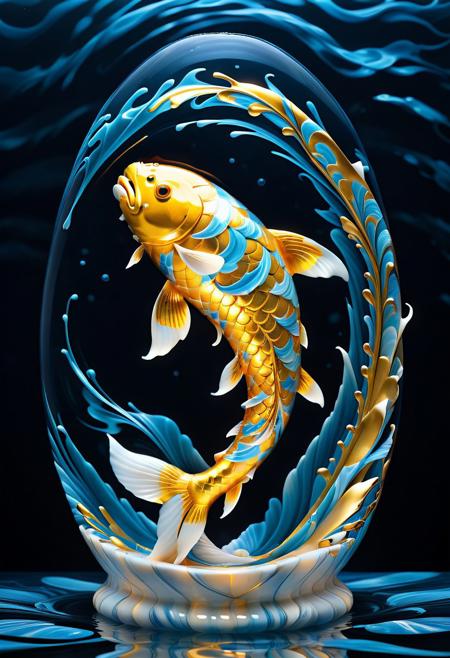 A surreal depiction of a koi carp crafted from swirling liquid marble in vivid topaz and gleaming gold. The koi carp's elegant, flowing form is shaped from translucent topaz tones that shimmer like water, with golden streaks accentuating its fins, scales, and tail. The liquid marble appears to drip and melt, creating dynamic patterns that ripple outward in swirling movements. The fish's body exudes an ethereal quality, as though it is alive within the fluid marble medium. The background is minimalistic, with soft gradients of blue and gold that evoke a serene aquatic environment. The golden accents reflect light as if glowing from within, emphasizing the koi carp's mystical, otherworldly presence.