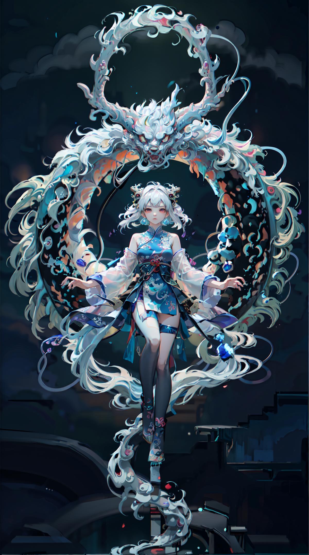 Anime character with long hair and blue dress in front of a dragon.
