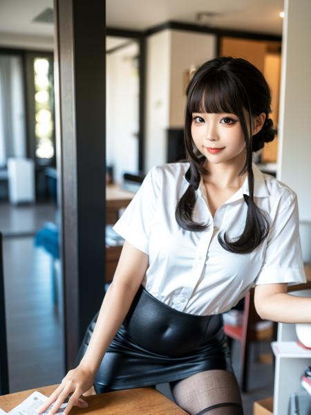 <lora:chunmmonlyface:0.8>, white shirt, microskirt, pencil skirt, (pantyhose:1.2), corset, chunmomo, 1girl, solo, realistic, looking at viewer, makeup, smile, blurry, black eyes, black hair, bangs, long hair, day, blunt bangs, hair ornament, soft light, 8K, ultra high resolution, ultra-detailed, photorealistic, an extremely delicate and beautiful, arm up