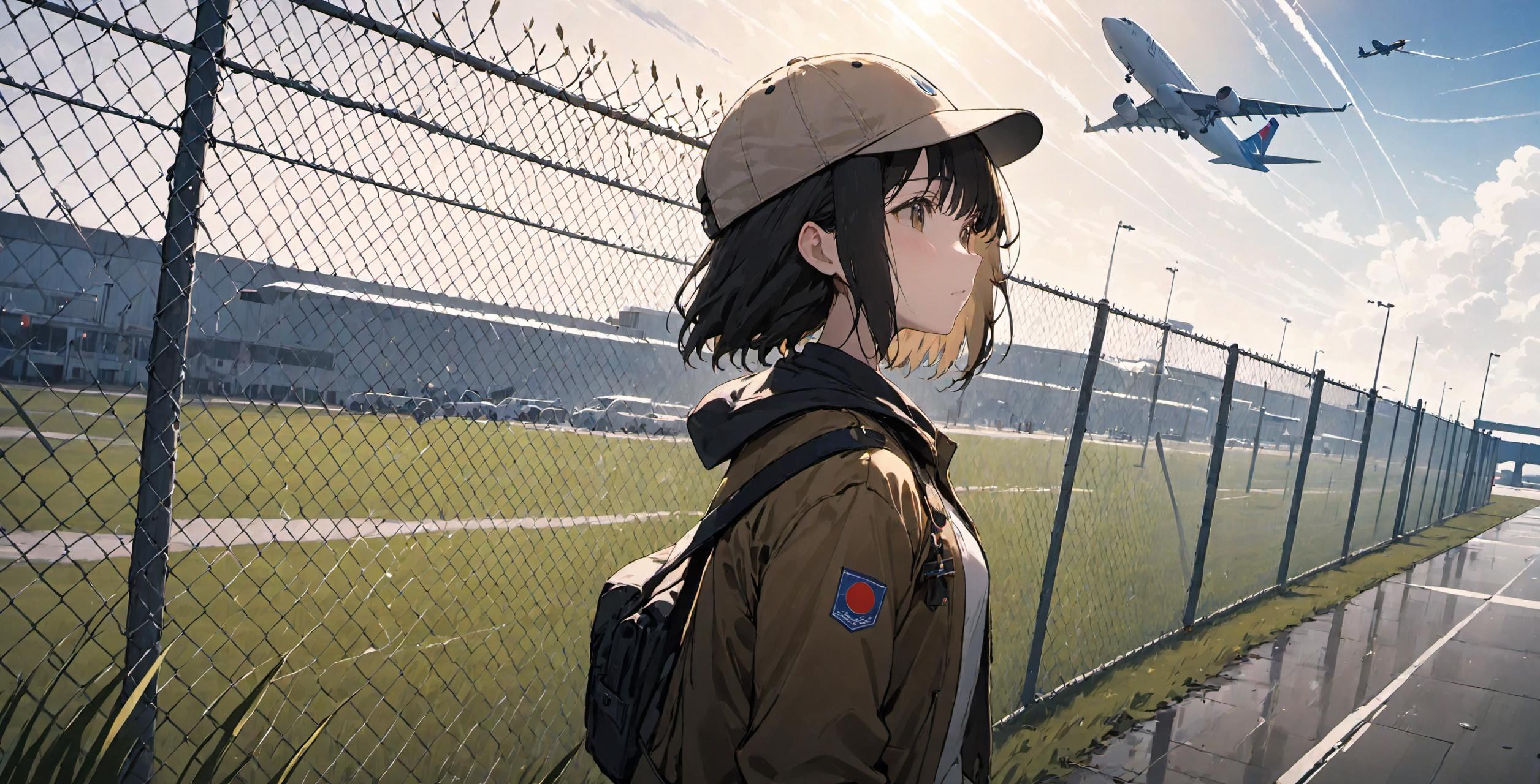 A woman with a backpack and hat standing by a fence looking at an airplane.