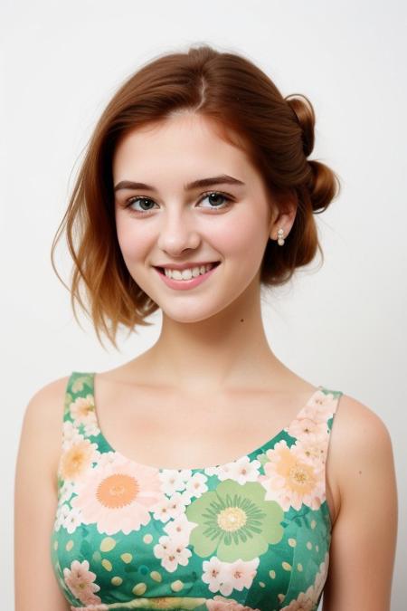 HD, perfect quality, 16k, very detailed,  a beautiful 21yo college girl with ginger hair in an updo, pale skin, wearing a calico floral dress, pink fleckes, green eyes, slim, detailed skin, hair behind ear, smiling proudly, standing in front of white background