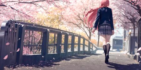 (masterpiece:1.2),best quality,PIXIV,
blues,1girl,solo,cherry blossoms,pink hair,skirt,school uniform,plaid skirt,jacket,blazer,plaid,outdoors,braid,black socks,socks,tree,virtual youtuber,school bag,long sleeves,petals,blurry,pleated skirt,arms behind back,twin braids,kneehighs,standing,shoes,spring \(season\),<lora:blues_20240115150616-000018:1>,