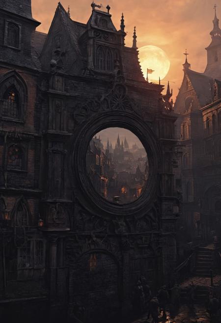 the city of Yharnam, the city of Yharnam is inside the small mirror, The small mirror is centered, bloodborne, The mirror is small, The mirror borders are plain, twilight, Don't be real, oil painting, done with japanese brush technique, realistic, extreme detail, scary, terrifying, dark and warm environment, 8k, looking at viewer, looming, Comic style
<lora:add-detail-xl:1> <lora:xl_more_art-full_v1:0.5>  <lora:looking_at_viewer:2>