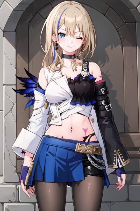 masterpiece, best quality, ultra-detailed, illustration, 1girl, serval landau, long hair, blonde hair, blue hair, multicolored hair, streaked hair, blue eyes, two-tone dress, detached sleeves, uneven gloves, stomach tattoo, black choker, hoop earrings, feathers, shorts under skirt, pantyhose, one eye closed, on stomach, cave <lora:brj-serval-v2:1>