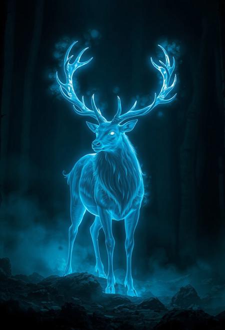 Spectral Stag Spirit of blue cyan light, its glow illuminates the Dark Forest. A deep sense of mystery and magic. Expecto Patronum! Patronus spell! Harry Potter Fanart, poster art, 8k concept art, Artstation, DeviantArt, by Yury Vorobiev, realistic, cinematic.