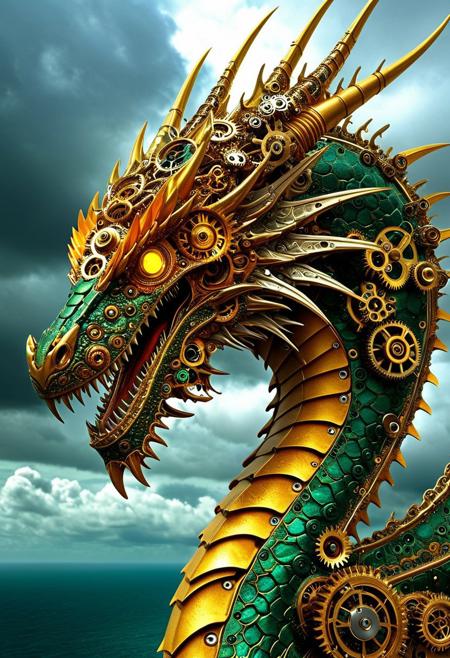 digital art images, beautiful, fantasy, and complex, detailed portrait , 
clockwork Eastern_dragon made of gears, cyber-like style
Flying in the sky, roar:1.4, wings spread wide, ,
fiery colors, deep green, electric yellow, molten golden edges, 
beautiful, closeup shot,
flash,bolt
sea, day time, cloudy,
masterpiece, photorealistic, highly detailed,