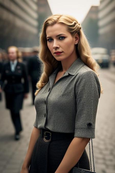 random color photograph of buxom german woman looking on the street, traditionally braided blonde hair, (((in 1940s  Berlin))), tight blouse, natural skin texture, detailed face, sad, steadfast, proud, big breast, 24mm, 4k textures, soft cinematic light, adobe lightroom, photolab, hdr, intricate, highly detailed, sharp focus, ((((cinematic look)))), soothing tones, insane details, intricate details, hyperdetailed, low contrast, soft cinematic light, dim colors, exposure blend, hdr, faded