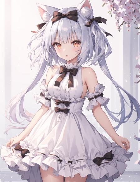 1girl, cowboy shot, 
yukikaze \(sovereign of the swing\) \(azur lane\), dress, bow, white hair,  medium breasts, 
<lora:yukikaze_sovereign of the swing-000009:1>, masterpiece, best quality,