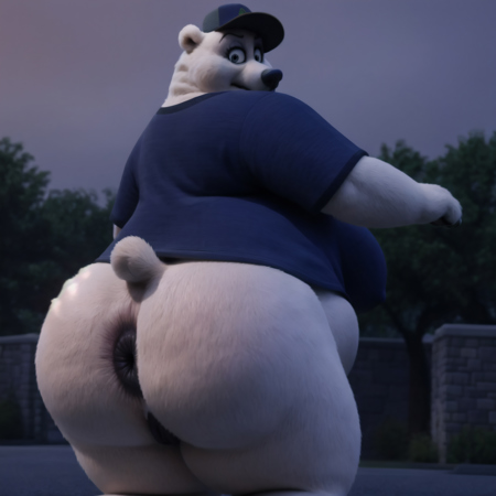 obese, female, polar bear, blue shirt, dark blue pants, hat, white fur skin