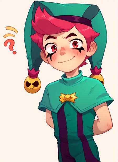  1boy, bschester , pink hair, short hair,  red eyes , jester cap,  green headwear  ,green jumpsuit,  capelet,