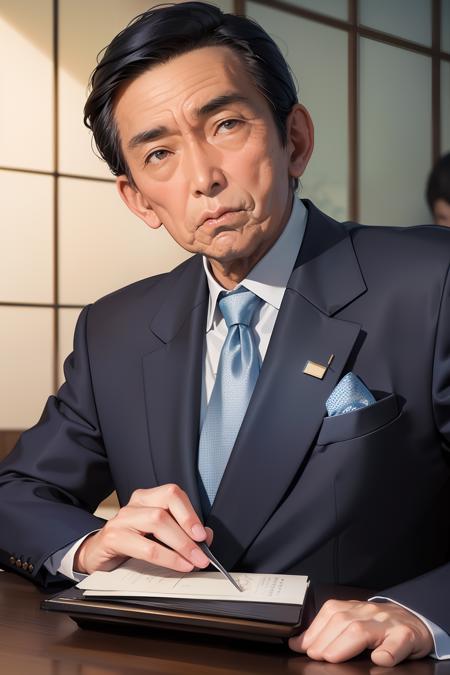 1 oldman, Fujita_Makoto, ((Japan Faces, Japan actors, Cool old man, 70yo)), Black hair, Black eyes, Dark-blue jacket, white collared shirt, no necktie, Dark-blue slacks, Black socks, Black leather shoes, 