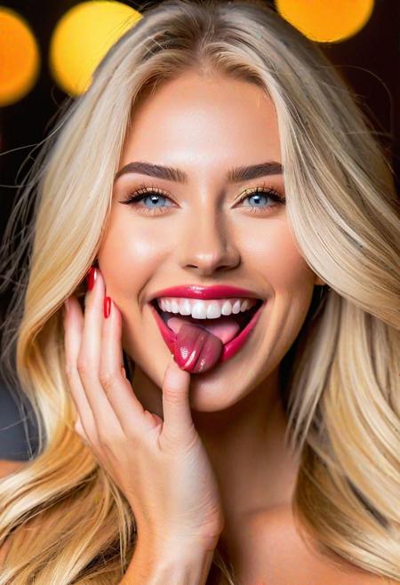 masterpiece, best quality, 8k, Amazing sexy blonde girl with deep hot face, tongue, wide smile, sensual outfit, hand palms pov