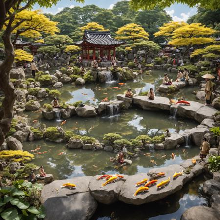 Hyperrealistic art A view of a Japanese zen garden where large ancient stones are set around a pond with bright yellow koi swimming among the leaves and flowers,while around them people dressed in traditional kimonos and yukatas enjoy the beauty of the place,with the sound of water in the background,which flows over the stones and creates small fountains that are reflected on the water surface,creating an effect that resembles a painting from a Japanese painting,and in the background the sound of traditional instruments such as shamisen and koto,which create an atmosphere of relaxation and peace that is characteristic of Japanese a culture that values ââthe beauty of nature,meditation and harmony with the environment,as well as traditional rituals such as the chai ceremony,which is a focal point for the community and becomes a place where people come together to share their knowledge,skills and love for life,as well as the sound of the hammer that strikes the bell to call participants to prayer in the temple,where the interior is full of works of art such as paintings,sculptures and calligraphy that depict the vision of Buddhism,and the sound of street vending where fish vendors,fruits and vegetables in the open air,and in the background the sound of bicycles riding on the streets,creating an effect that reminds us of everyday life in this extraordinary country,<lora:detail_slider_v4:0.8>,<lora:add_detail:1>, . Extremely high-resolution details, photographic, realism pushed to extreme, fine texture, incredibly lifelike