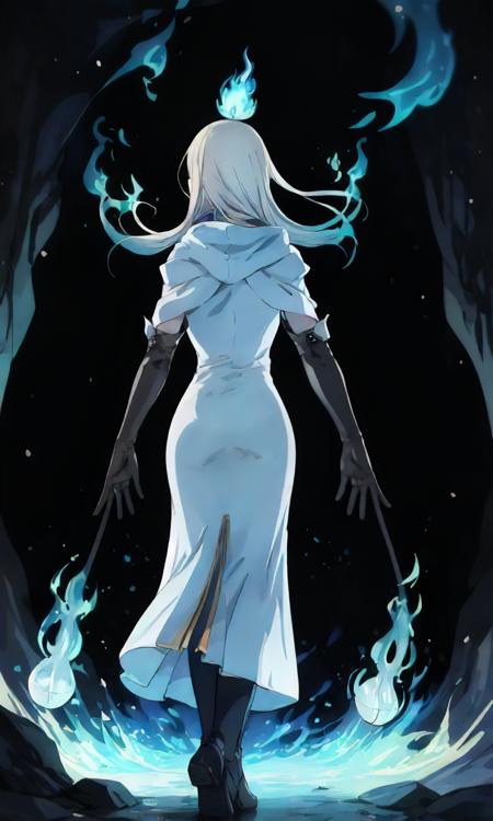 1girl, solo, full body, standing, ophilia, white dress, long dress, white cape, elbow gloves, from behind, (blue flame:1.4), cave, cavern<lora:octopath_ophilia:1>