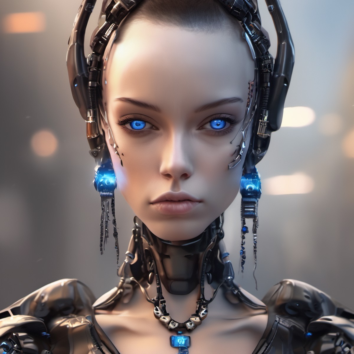 FUNDING,future,concept robot,black robot 1girl,solo,looking at viewer,blue eyes,jewelry,upper body,earrings,lips,science f...