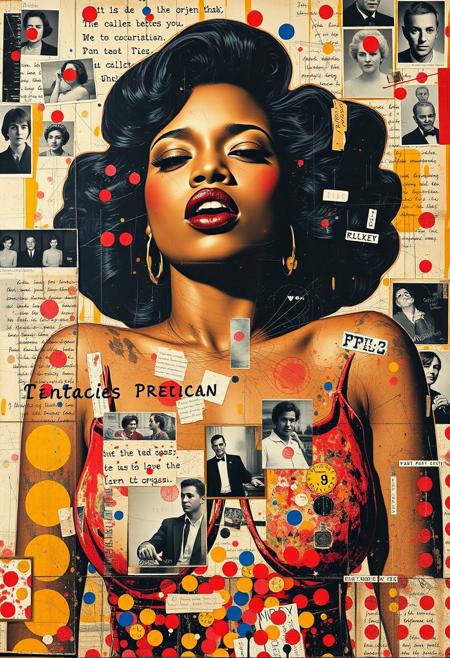 A boldly coloured mixed-media collage in the style of Jacques Prévert with an urgent sense of chaos and energy blending fragmented styles, layers and textures. 
A deconstructed vintage image of a 1920s Black American woman with extremely large breasts faking an orgasm 
Layered over this and partially obscuring the image are multiple fragmented and overlapping layers of chaotic thick paint, splatters, handwritten scrawled text messages, torn photographs and broken distorted pornographic images filling the canvas. Layers of repetition of brightly coloured dots in Yayoi Kusama style.