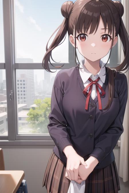 chiyokosonoda, <lyco:chiyokosonoda-lyco-nochekaiser:1>,
chiyoko sonoda, brown hair, (red eyes:1.5), hair bun, long hair, double bun, sidelocks,
BREAK brown skirt, buttons, collared shirt, dress shirt, miniskirt, neck ribbon, plaid, plaid skirt, pleated skirt, ribbon, school uniform, shirt, skirt, white shirt, yellow ribbon,
BREAK indoors, classroom,
BREAK looking at viewer, cowboy shot,
BREAK <lyco:GoodHands-beta2:1>, (masterpiece:1.2), best quality, high resolution, unity 8k wallpaper, (illustration:0.8), (beautiful detailed eyes:1.6), extremely detailed face, perfect lighting, extremely detailed CG, (perfect hands, perfect anatomy),