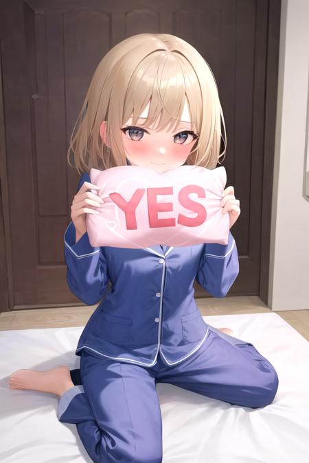 masterpiece, best quality, absurdres, ultra-detailed, indoors, door, bedroom, on bed, 
BREAK, <lora:pillow_v2:1>, holding pillow, yes-pillow, pajamas, 1girl, solo, embarrassed, full-face blush, sitting, wariza,