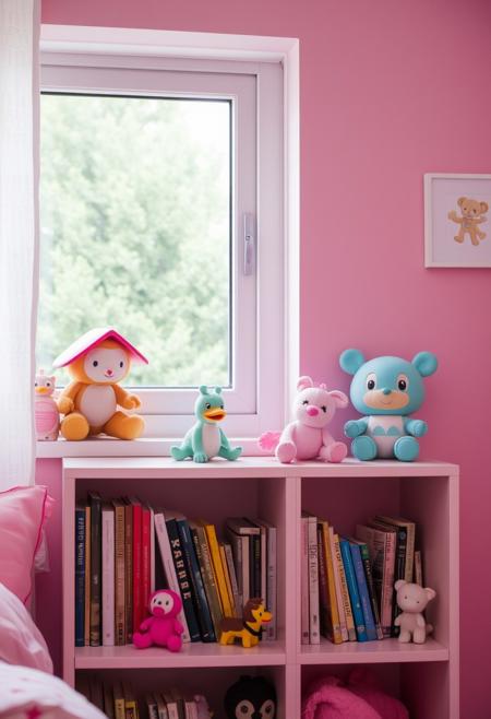 pink children bedroom, toys on the bookshelf, a window intricate detail, winning, sharp focus, original, flux-style