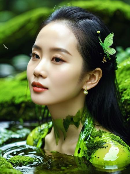 realistic, Skin Textures, High Resolution, liushishi woman,,stunning beautiful, <lora:liushishi_noej_JuggXL_2-000015:0.6>, as a actress, in A land full of slime moss stagnant water and insects