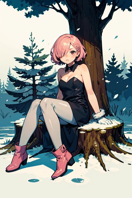 (Sitting On Tree Stump With Legs Apart, Arm On Knee), BREAK     mature female,   wavy undercut,   brown eye,  hair over eyes,     fatty body,     delicate tiny breasts,  White Detached Collar, Black Strapless Short Jumpsuit, Amazing Cleavage, White Gloves, Pink Pantyhose, Ankle Boots, BREAK (white background:1.3),  , winter, snow, night, night time, dark outside, dark,  (best quality:1.1),