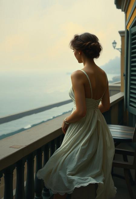 A woman gazes from a seaside terrace, her dress fluttering in the breeze as the ocean melts into a hazy impressionist horizon., cinematic realism, impressionistic brushwork, muted color palette, quiet atmosphere, vintage fashion, narrative figuration, soft lighting, coastal and urban settings, romantic solitude, painterly texture, emotional subtlety, turn-of-the-century elegance, understated storytelling, poetic stillness, misty ambiance, soft horizon lines, contemplative figures, intimate moments, twilight tones, impressionist realism